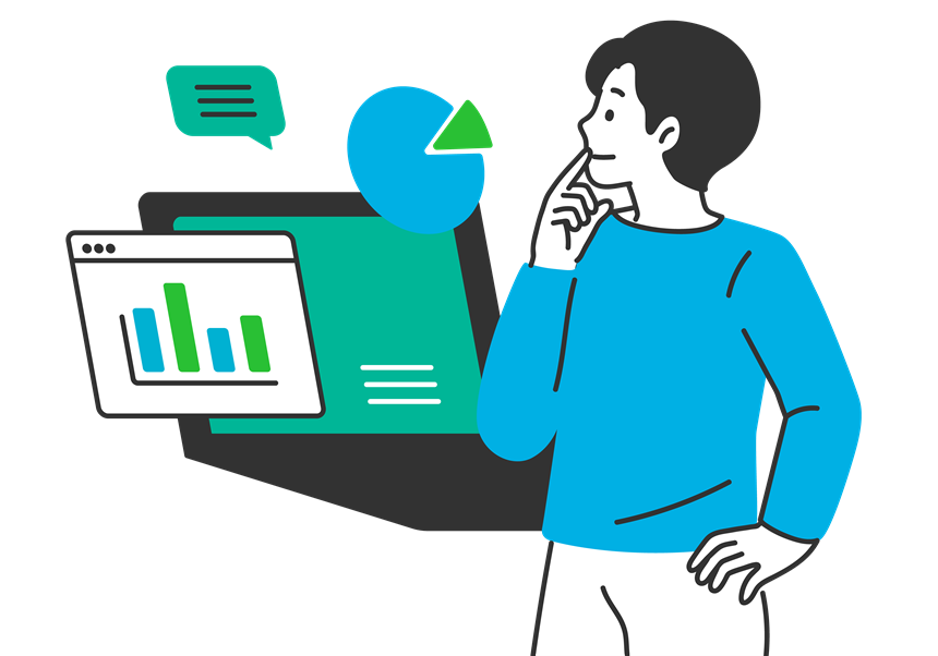 Il·lustració d'un home dubtant davant un ordinador portàtil amb gràfics